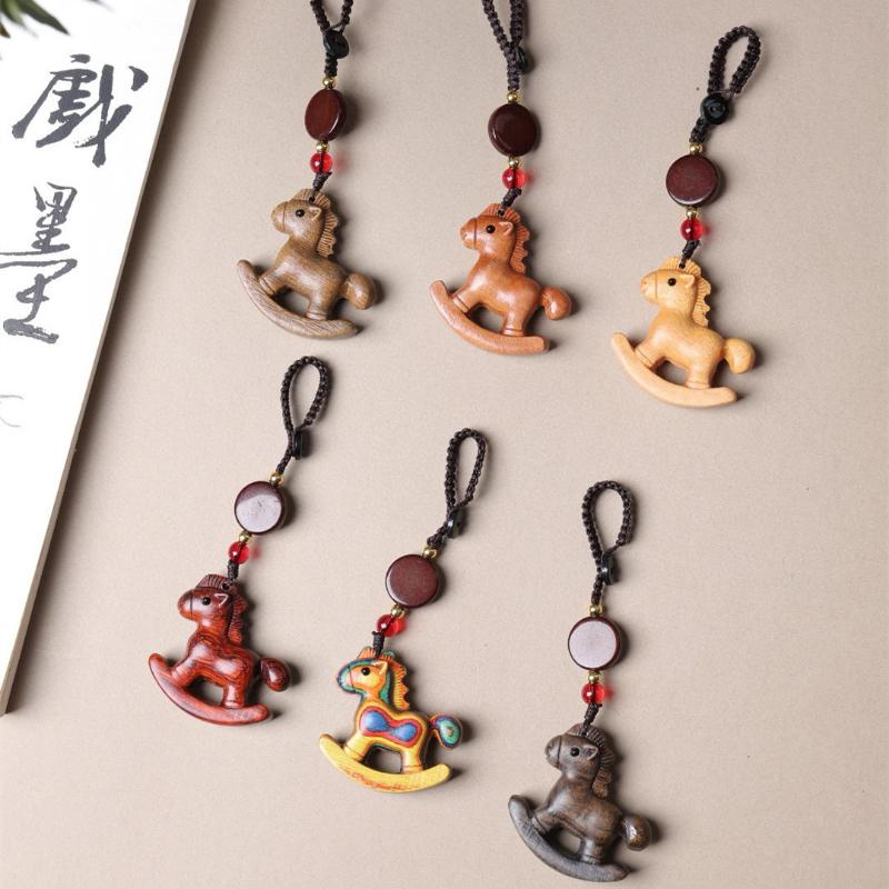 Becoming Rich Zodiac Horse Key Chain Cartoon Handmade Rope Wood Phone Chain Lanyard Sandalwood Chinese Style Key Ring New Year