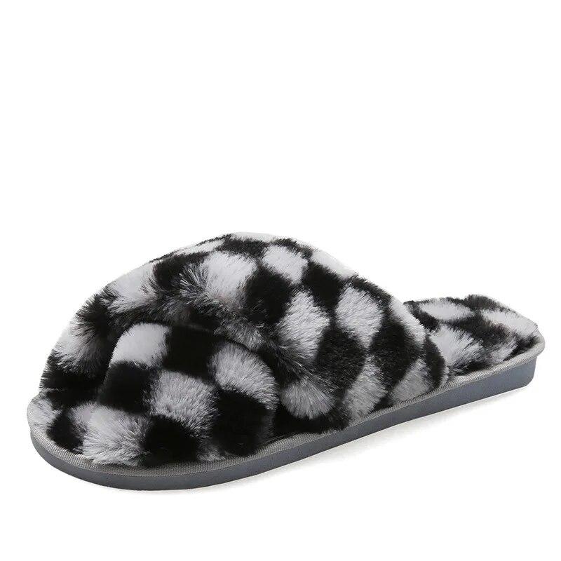 Autumn Winter Women'S Outer Wear Flat-Bottom Sandals Indoor Warm Fluffy Slippers Plaid Comfortable Cross Bunny Fur Slippers