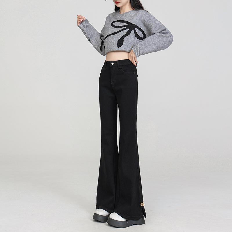 Spring Women's Plus Size Micro-Flare Elastic Jeans - Loose Slimming Split Cropped Pants for Petite