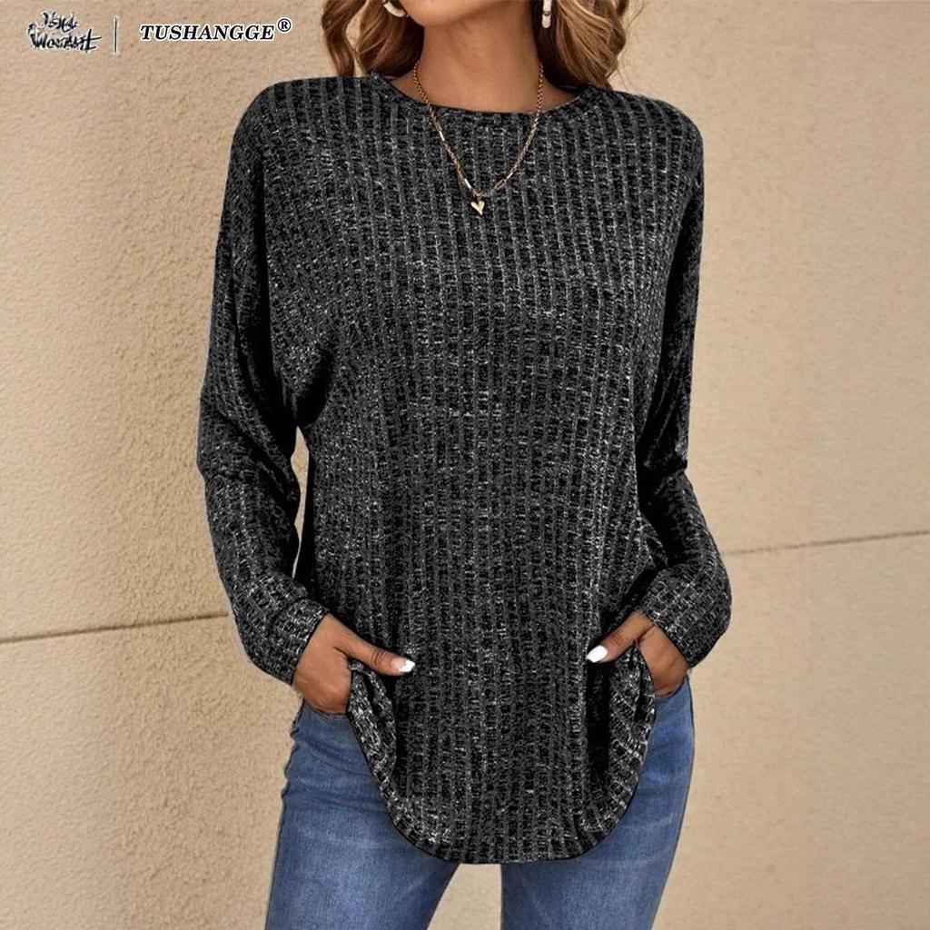 Maglione a Maglia Autunno Europeo 2025 - Girocollo, Costine, Manica Lunga, T-shirt Vestibilità Larga