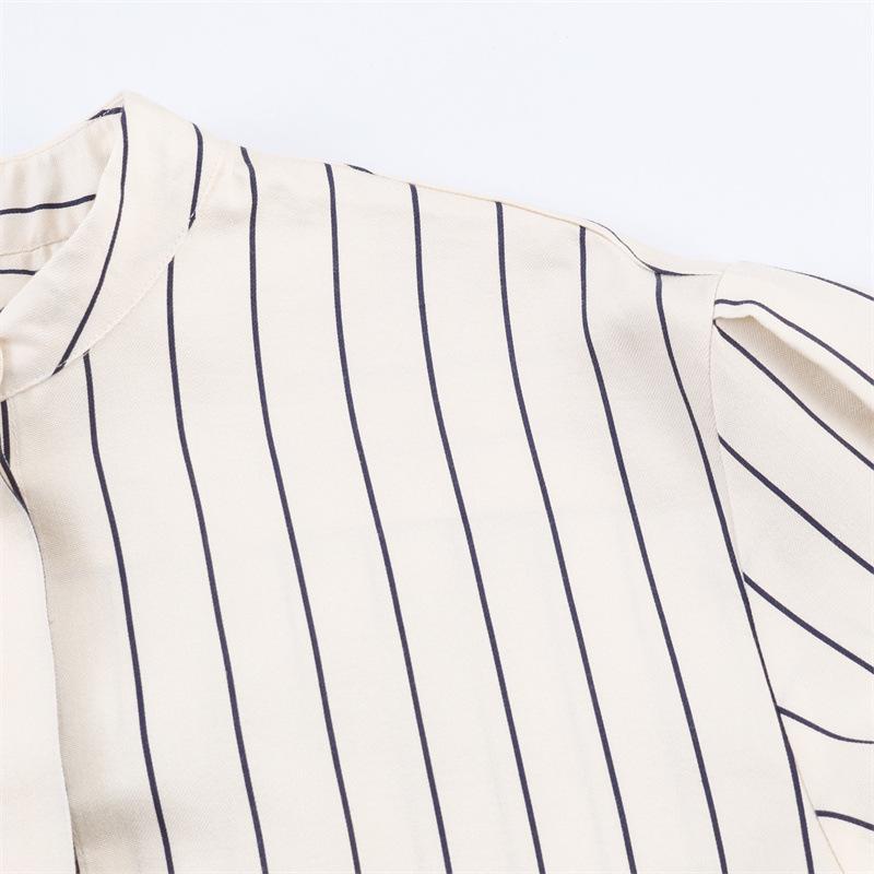 Spring 2026 Striped Fluffy Sleeve Shirt with Pleated Pants Set