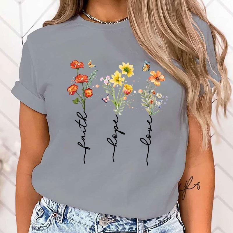 Women's Blouses Faith Hope Love Flower Letter Print T Shirt Women Summer Short Sleeve Fashion Summer Casual T-shirt