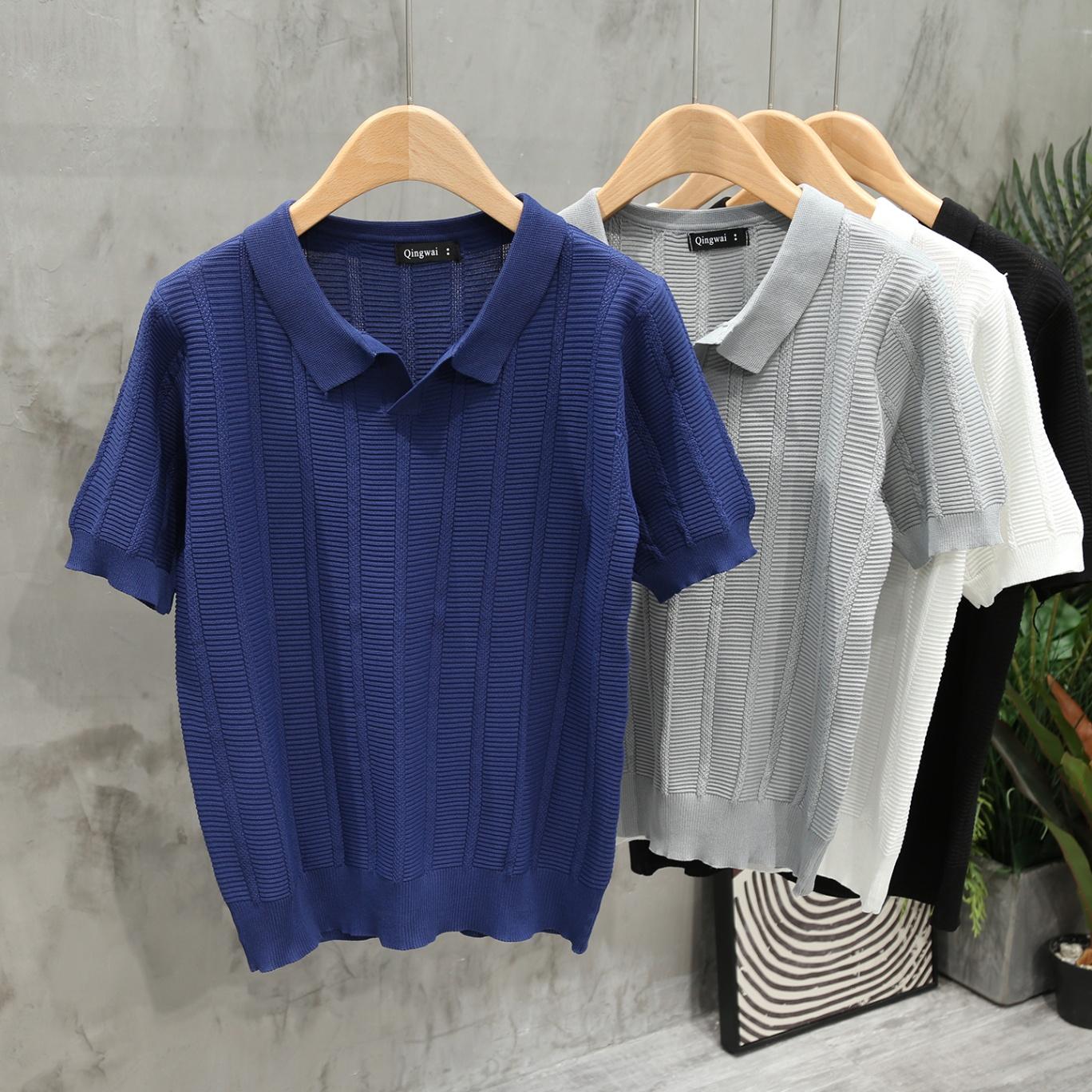 

Summer Men s Business Casual Lapel Short Sleeve Knitted Solid Color POLO Shirt M сапфірове скло синього кольору кольору