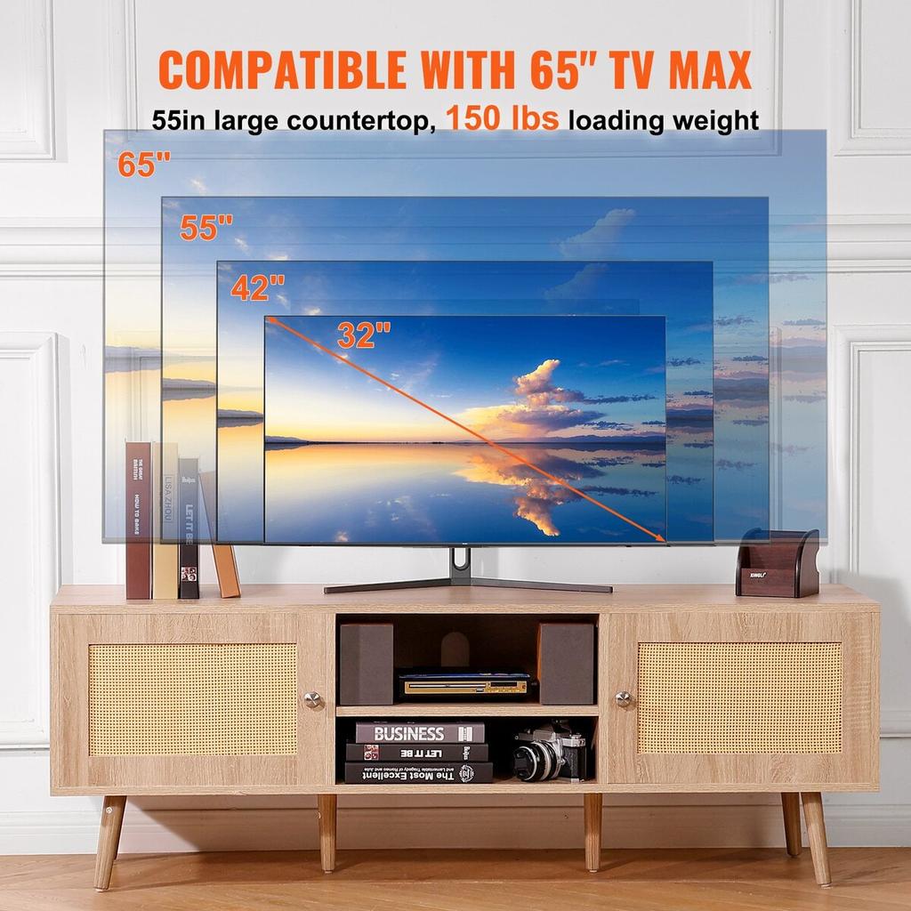Rattan TV Stand for 65" TV Boho TV Stand with Build-in Socket Oak