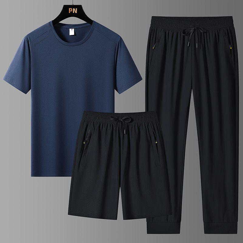 Completo estivo da uomo in seta ghiaccio a tre pezzi: T-shirt Girocollo, Pantaloncini e Pantaloni Lunghi Tuta Sportiva Casual
