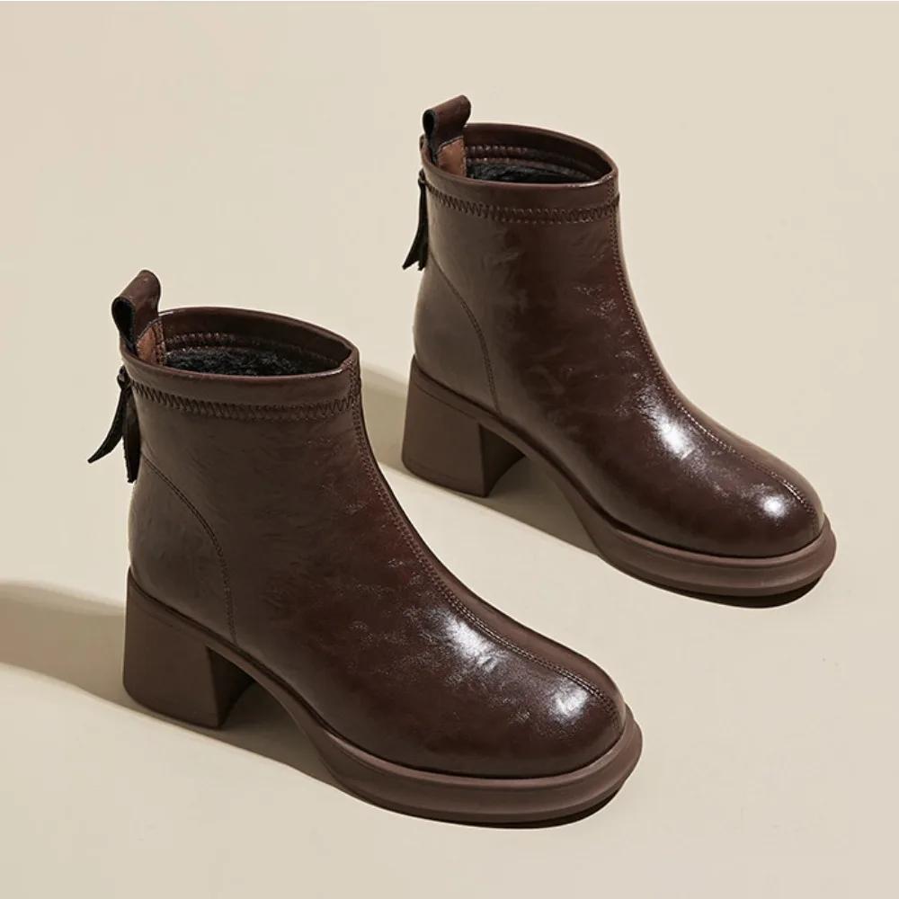 Ankle Boots for Women's Autumn and Winter New Products Platform Leather Slim Boots Back Zipper Short Boot Womens Casual Shoes
