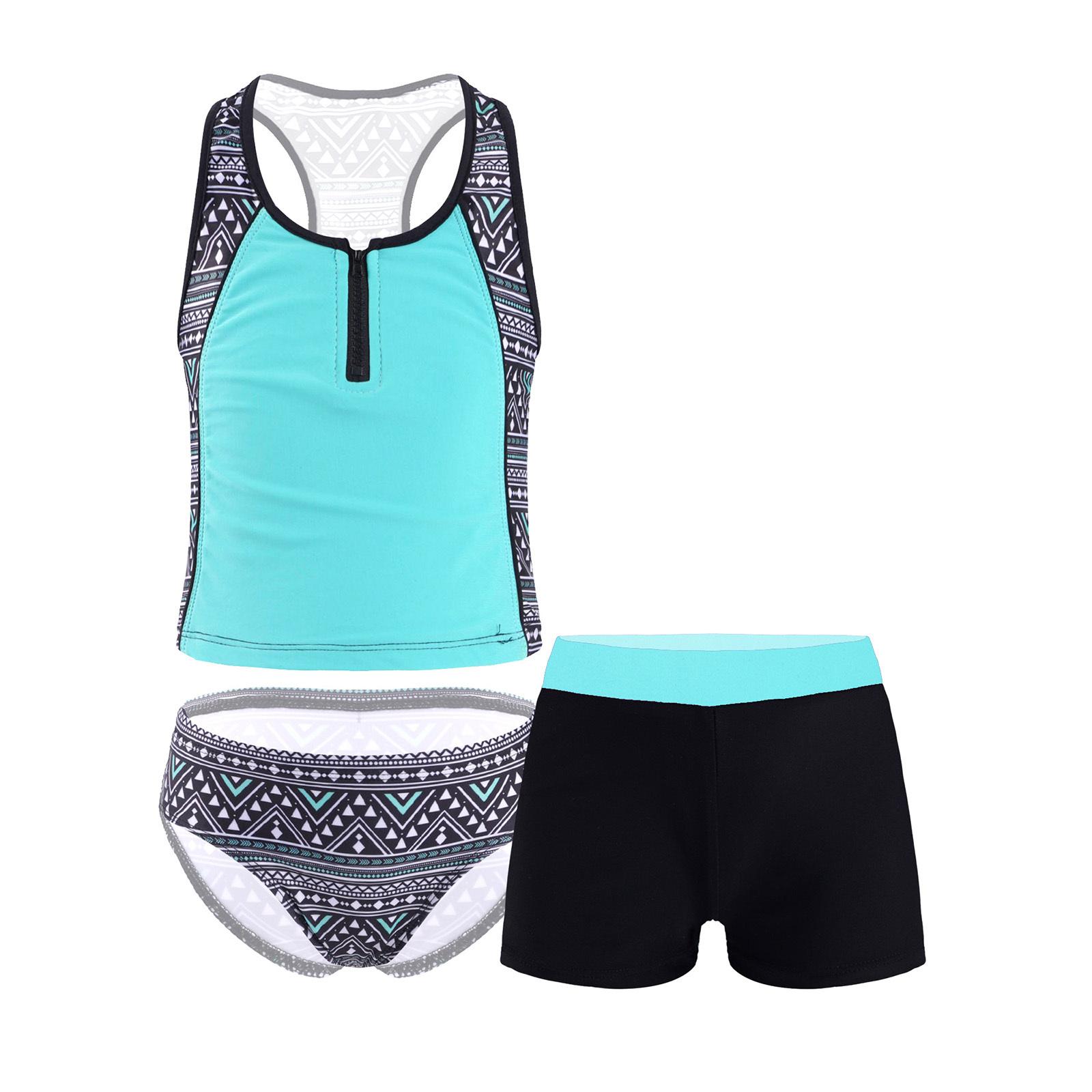 

Girls 3 Piece Tankini Set Floral Print Sleeveless Racerback Vest Bikini Top Swim Shorts 15-16 Years м ята зелений колір