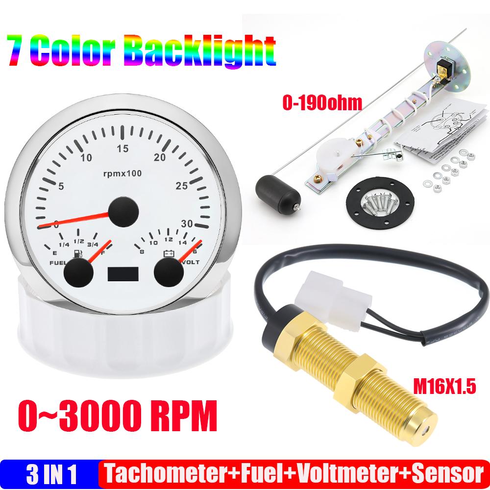 85mm Auto Car Gauge 3-in-1 Tachometer Fuel Level Voltmeter 7 Color Light Multimeter with Sensor 0-190ohm Boat/Yacht 12V