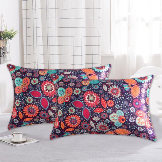 2Pcs/Set Flower Print Satin Pillowcase Envelope Closure Soft Dustproof Wrinkle Free Washable