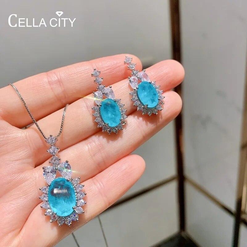 

Комплект ювелирных изделий Cellacity из стерлингового серебра 925 пробы, серьги Параиба, кулон овальной формы, синие драгоценные камни, свадебные ювелирные украшения, подарки