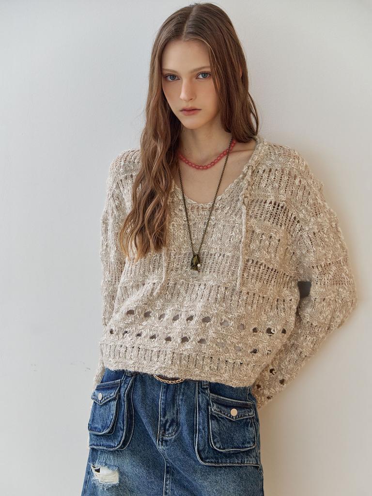 MAXZA Pearl Mix V-Neck Heathered Crochet Crop Knit