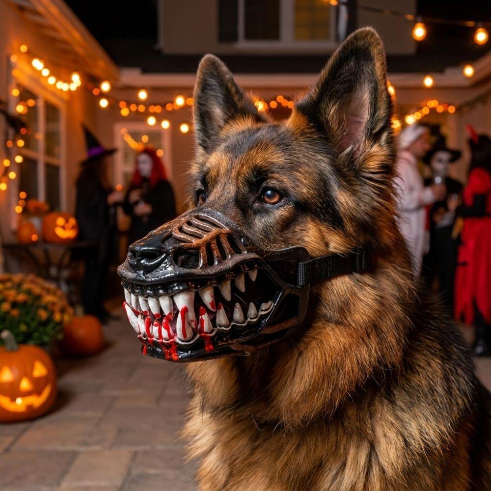 Vintage Halloween Dog Mouth Mask Movable Teeth Adjustable Straps Latex Dog Half Face Mask Tear‑Resistant Realistic Fangs