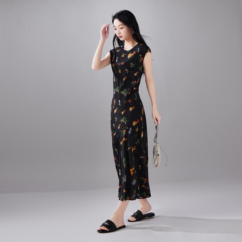 SOFSIL Women's Round Neck Floral Mulberry Silk Summer Long Dress