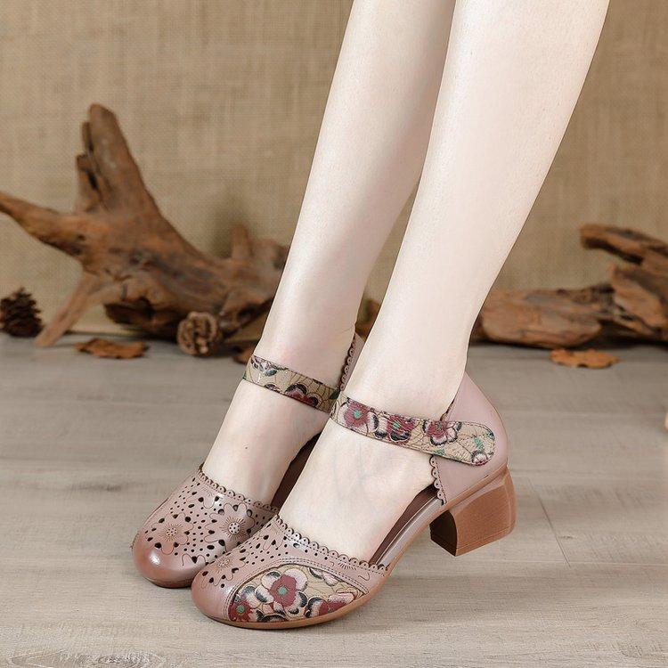 New Women Leather Shoe Sandals High Heel Summer Soft Sole Beach Hollow Flowers Shoes Female Luxury Sandals Women Heeled Sandals