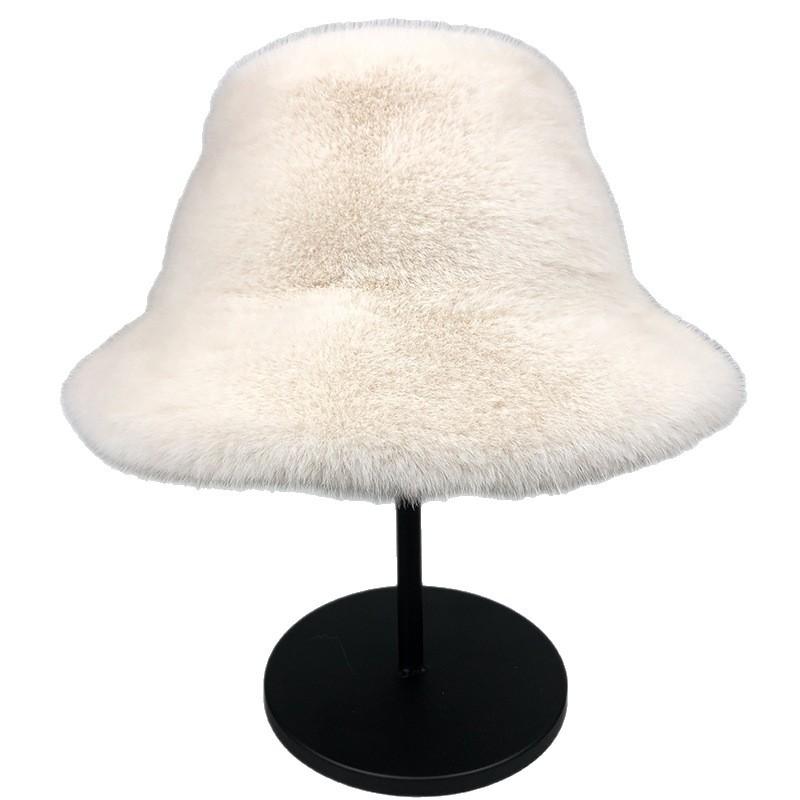 Bucket hat women's autumn and winter thickened warm imitation mink hair big head circumference shows small face holiday style fashionable versatile p