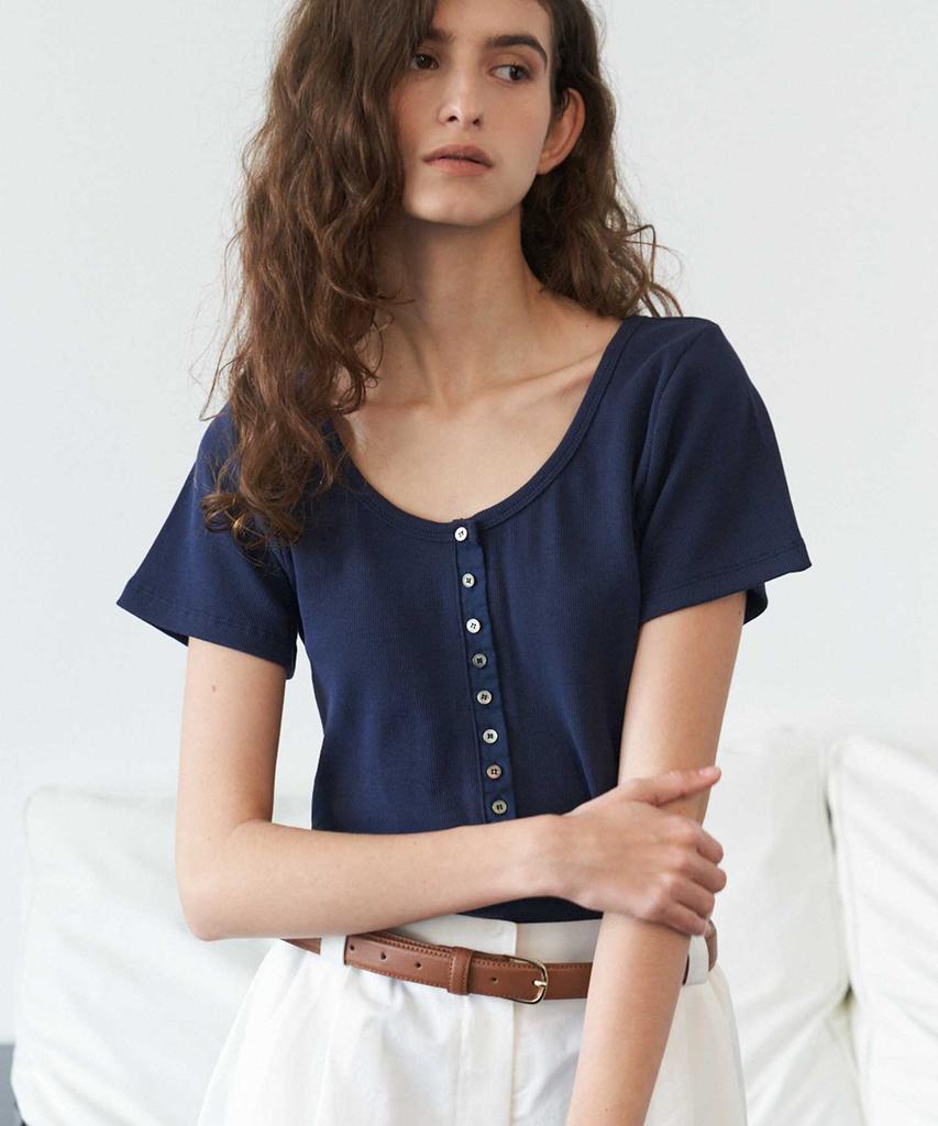 THERYE U-Neck Button T-Shirt(Navy)