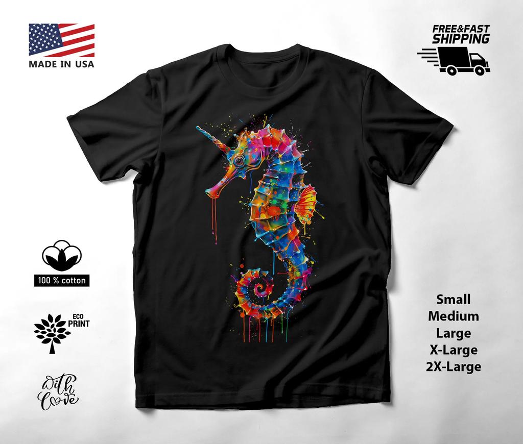 Seahorse Neon Graphic T-Shirt Black Unisex S-2XL