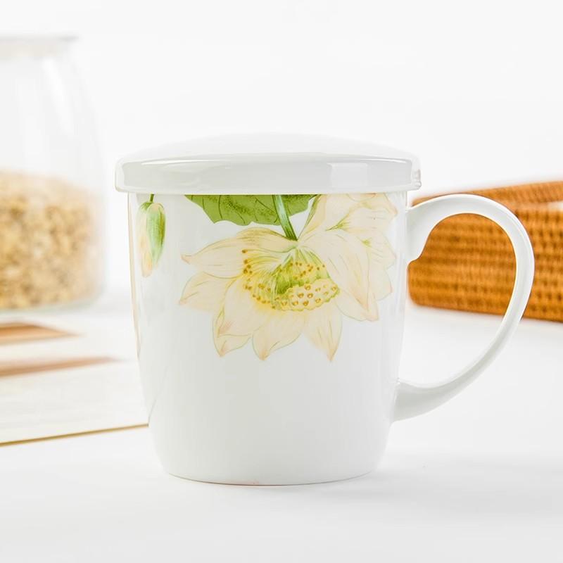 White Bone China Coffee Cup New Household 310ml Flower Pattern Overglaze Color Mugs with Lid High Aesthetic Milk Oats Cup