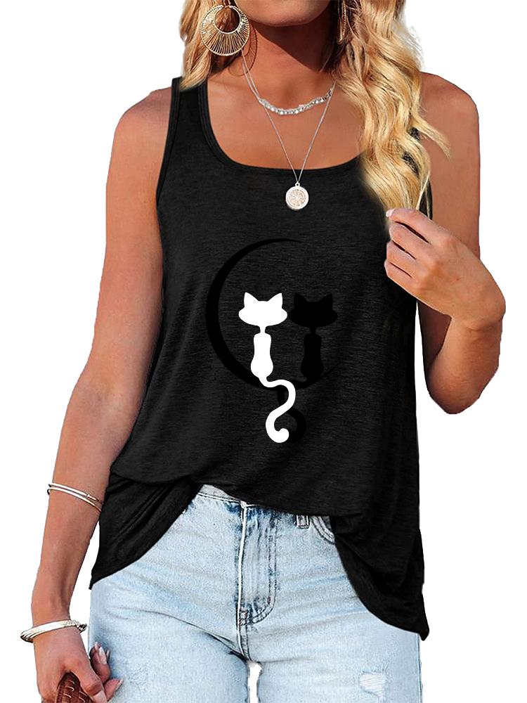 

Женская модная майка с принтом кошки, летняя повседневная футболка без рукавов с круглым вырезом XXL чёрный
