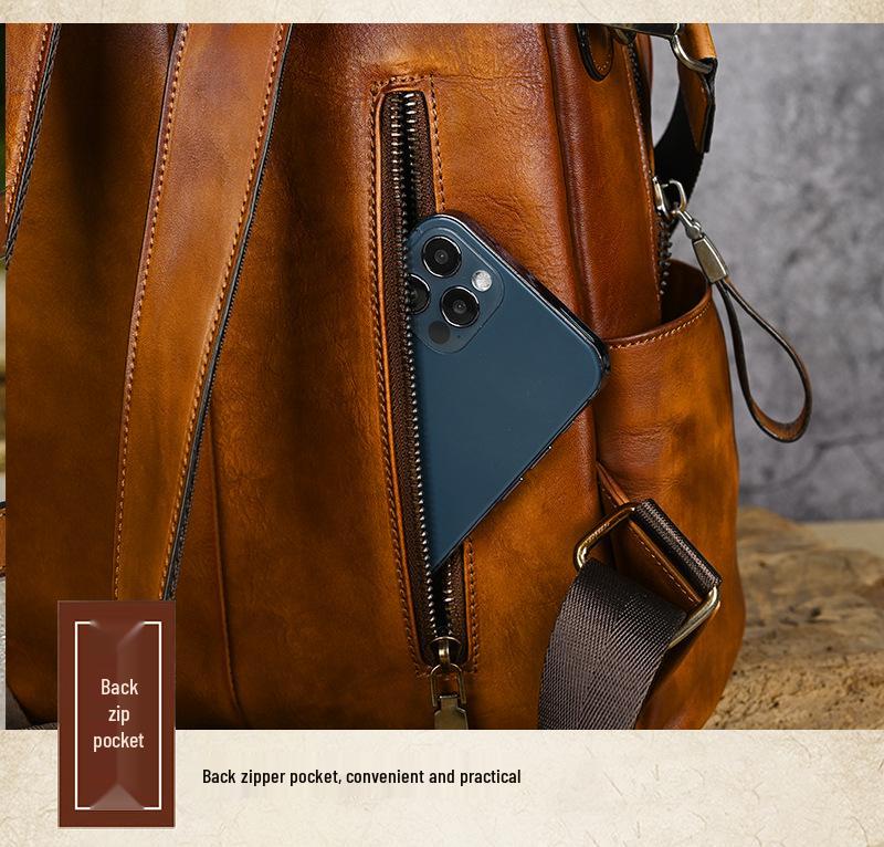 Top Grain Cowhide Retro Large Capacity Women's Backpack, Vegetable Tanned Leather Shoulder Bag, Handmade and Practical.