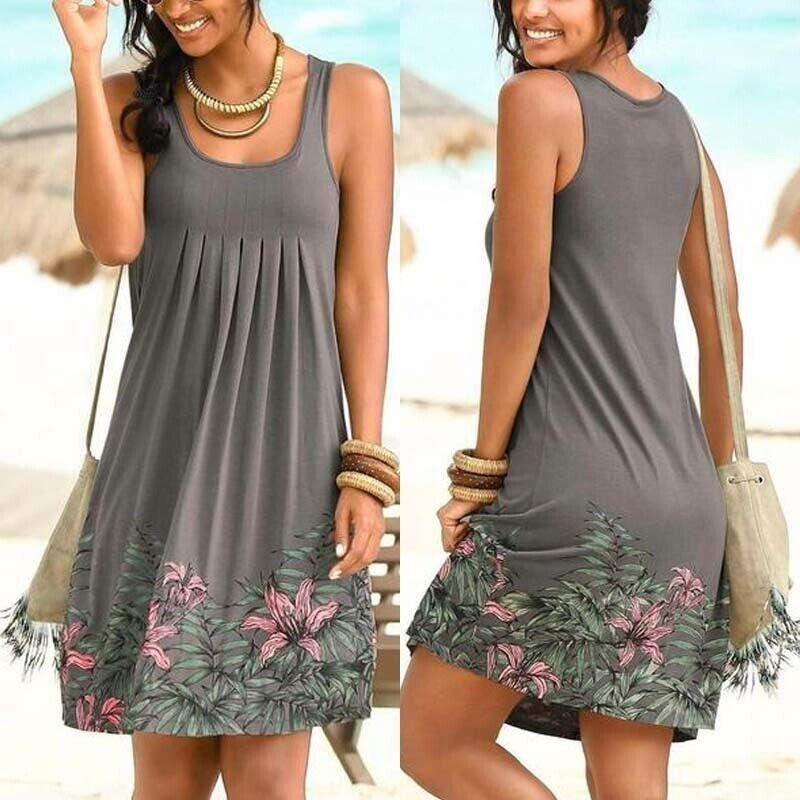 

Stylish Women Boho Summer Beach Midi Dress With Gorgeous Floral Print And Loose Fit Grey,4XL