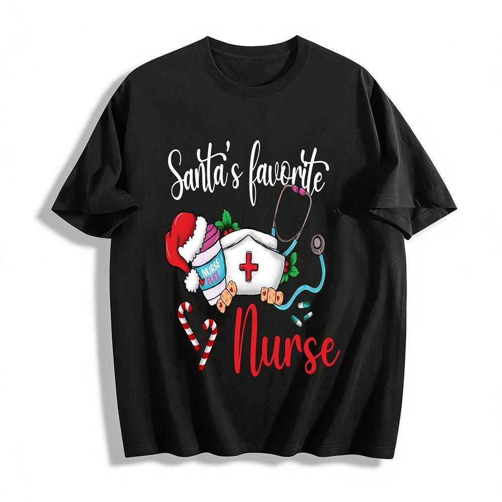 Santa s Favorite Nurse Christmas Themed Printed Casual Top Pure cotton T-shirt XXS