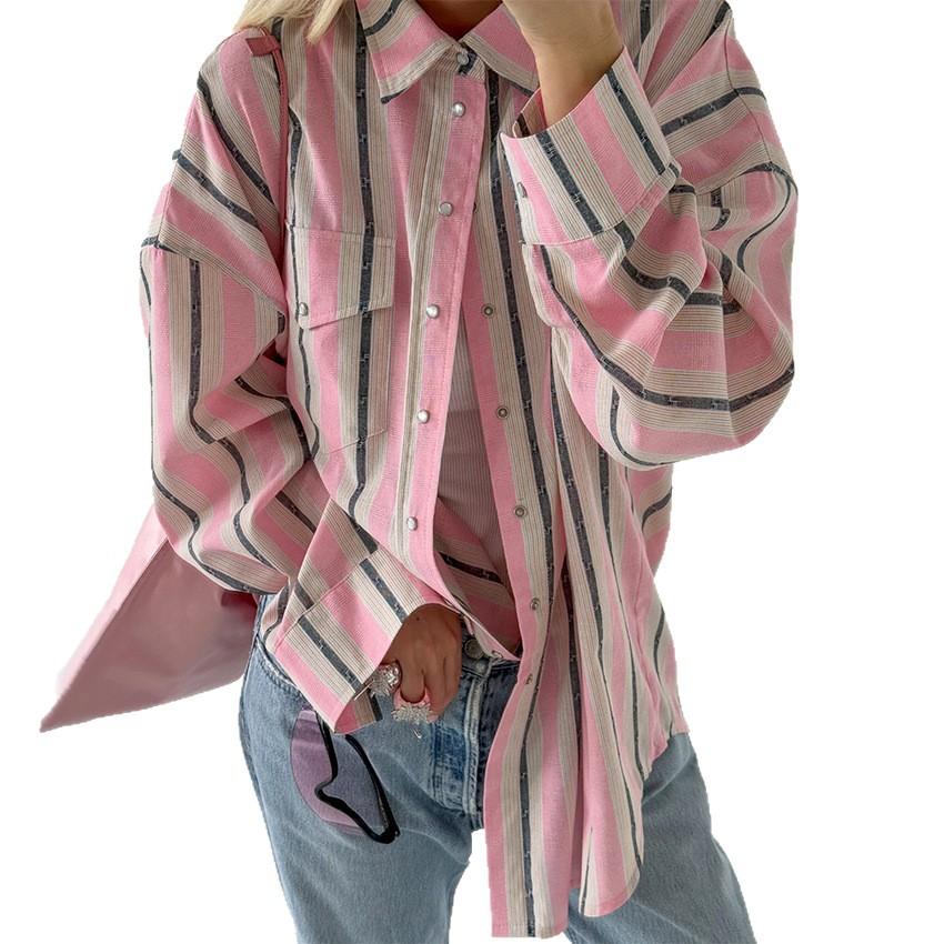French Vintage Lapel Striped Shirt, Relaxed Style, Loose Casual Long-sleeve Shirt, Fashionable Versatile Color-block Cardigan