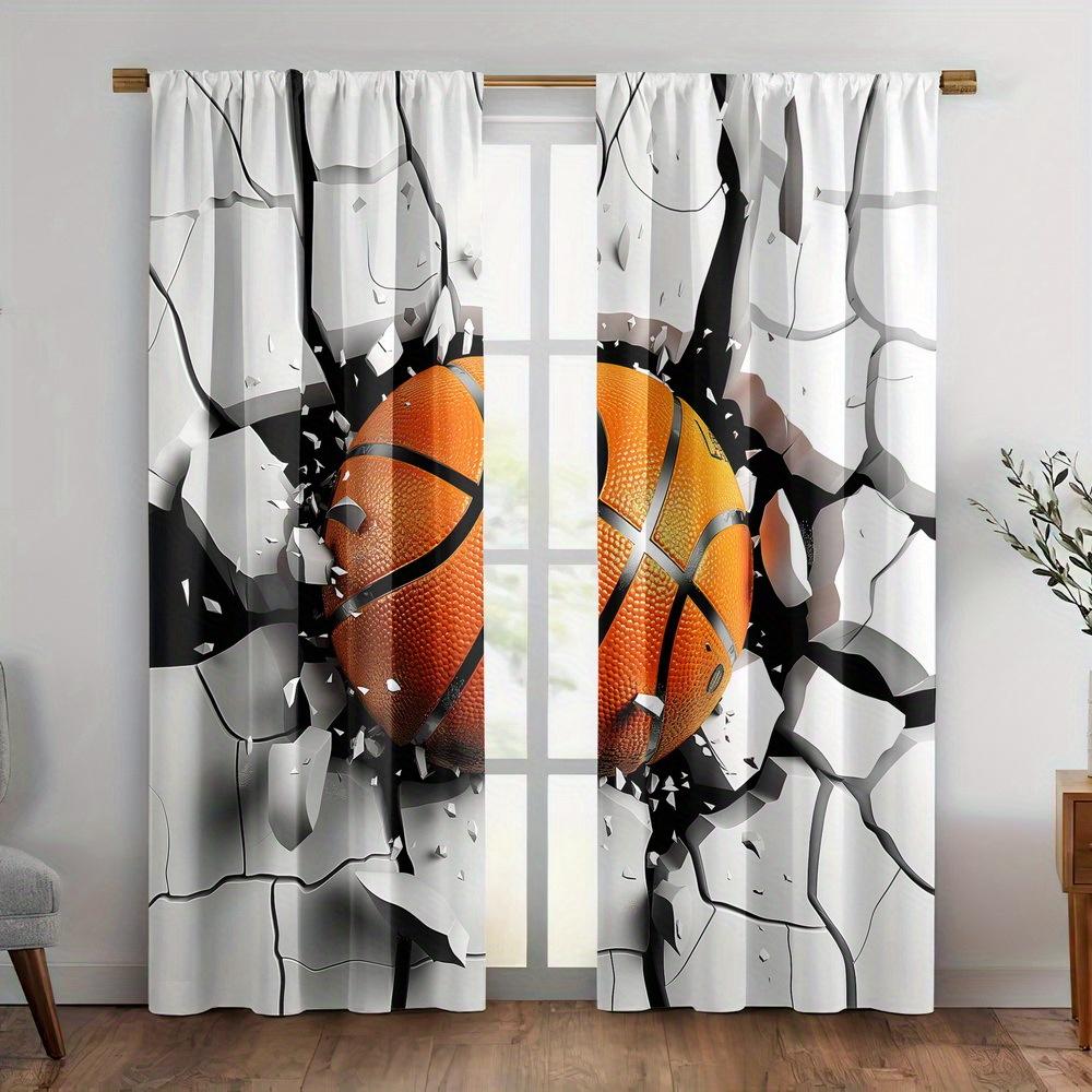 

2Pc Basketball Art Print Pattern Curtains, Polyester Fabric, Machine Washable, Suitable For Bedroom And Living Room Decoration 53x116cm &2pc