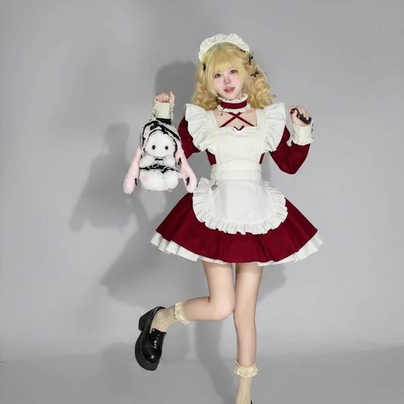 Japanese Anime Cosplay Maid Costume With Lace Ruffle Bubble Sleeves For Halloween And Conventions