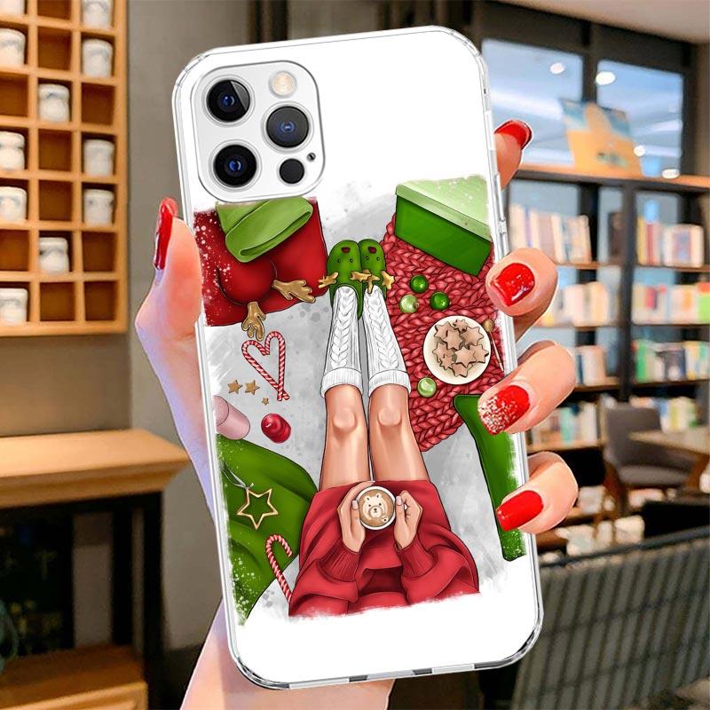 

Christmas Art Girls Coffee Cover Phone Case For iPhone 16 17 Air 15 14 Pro Max 16E Phone Case 13 Mini 12 11 7 SE 8 Print Pattern iPhone 14 Pro Max