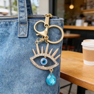 Keychain Sparkling Rhinestones Blue Eye Pendant Keychain Lobster Clasp Key Holder Bags