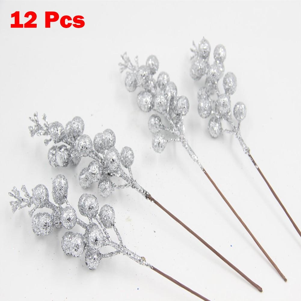 12pcs Artificial Christmas Glitter Berries Stems Xmas Tree Wreath DIY Decor