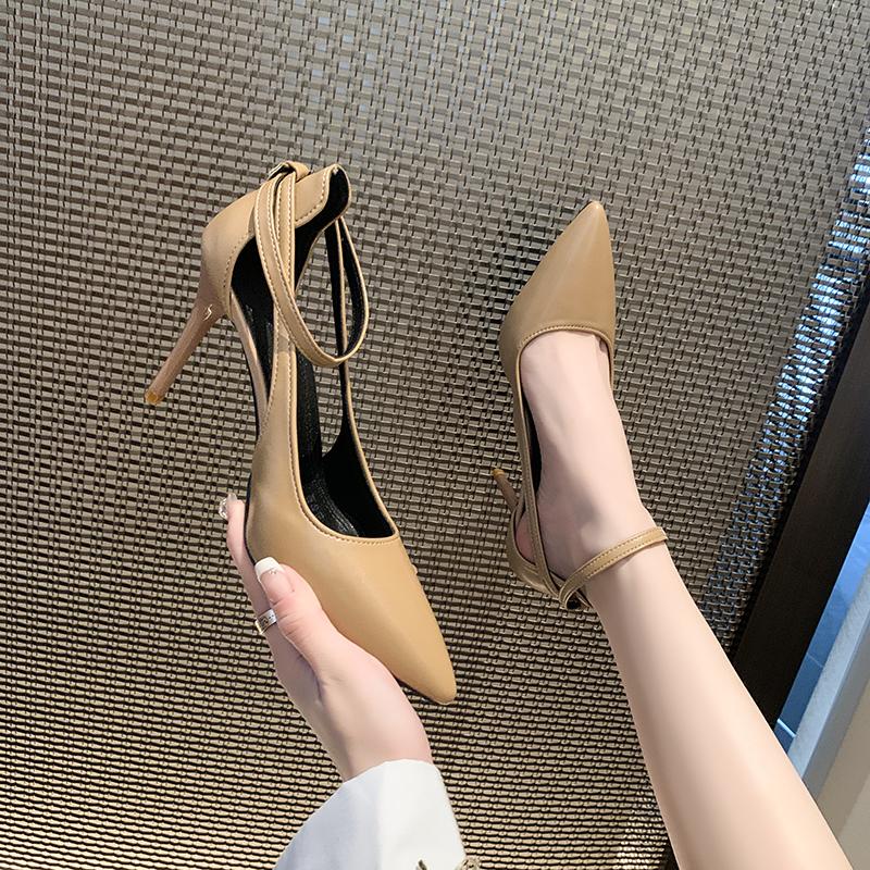 Metal Buckle Stiletto Sandals Autumn New Pointed Toe Shallow Mouth One Strap Anti-Slip Wear-Resistant High Heels