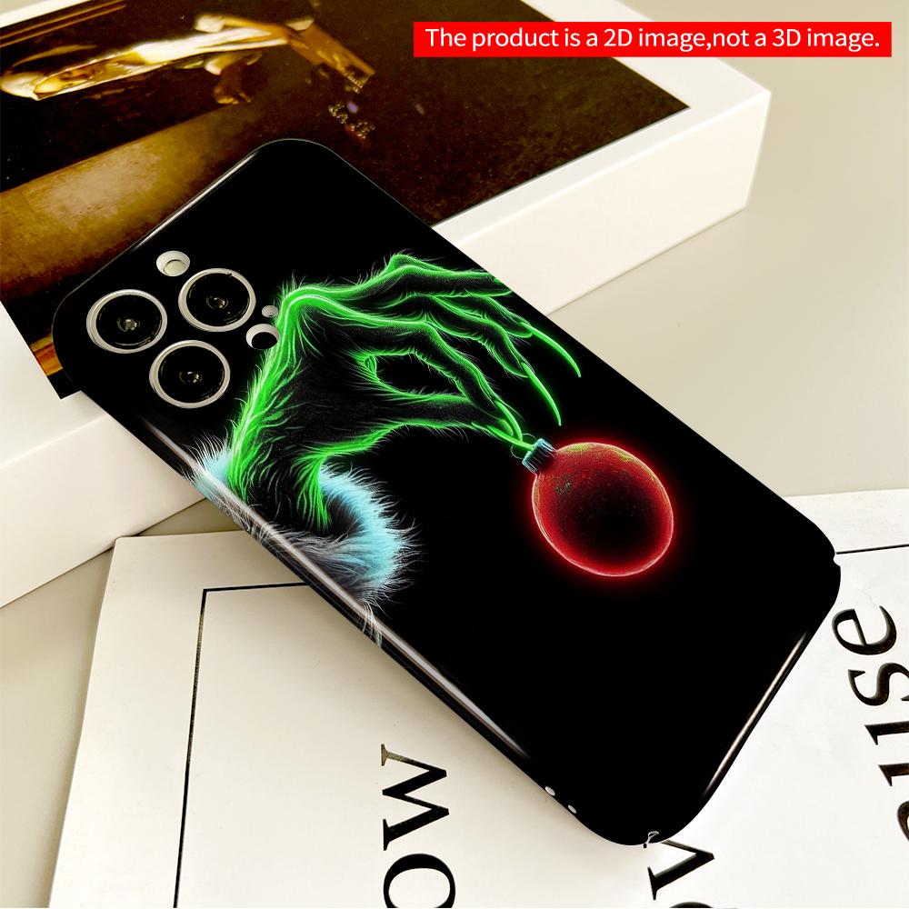 2DFlat Green Grinch Hand Holding Red Ornament All inclusive film hard phone case, compatible with iPhone 18 Pro Max 17 16 15 14 13 12 11