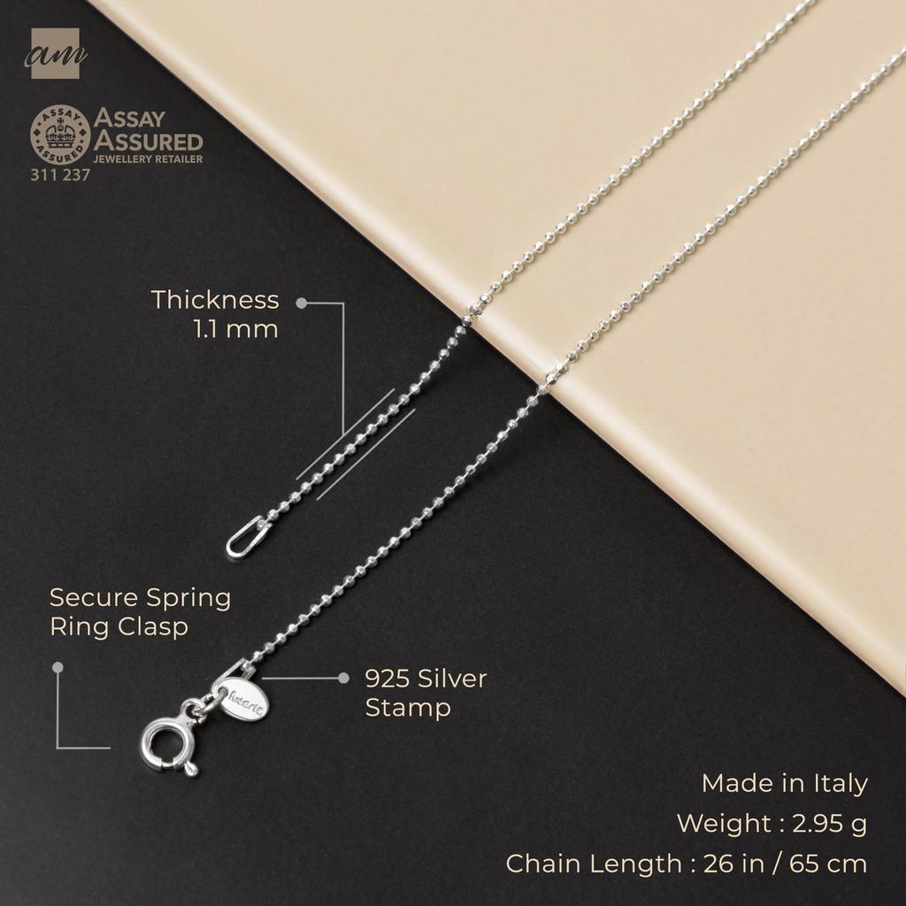 [Amberta] 925 Sterling Silver 1.1mm Ball Chain Necklace for Men and Women  Silver Dog Tag Chain for Men  Beaded Necklace for Women: 65cm