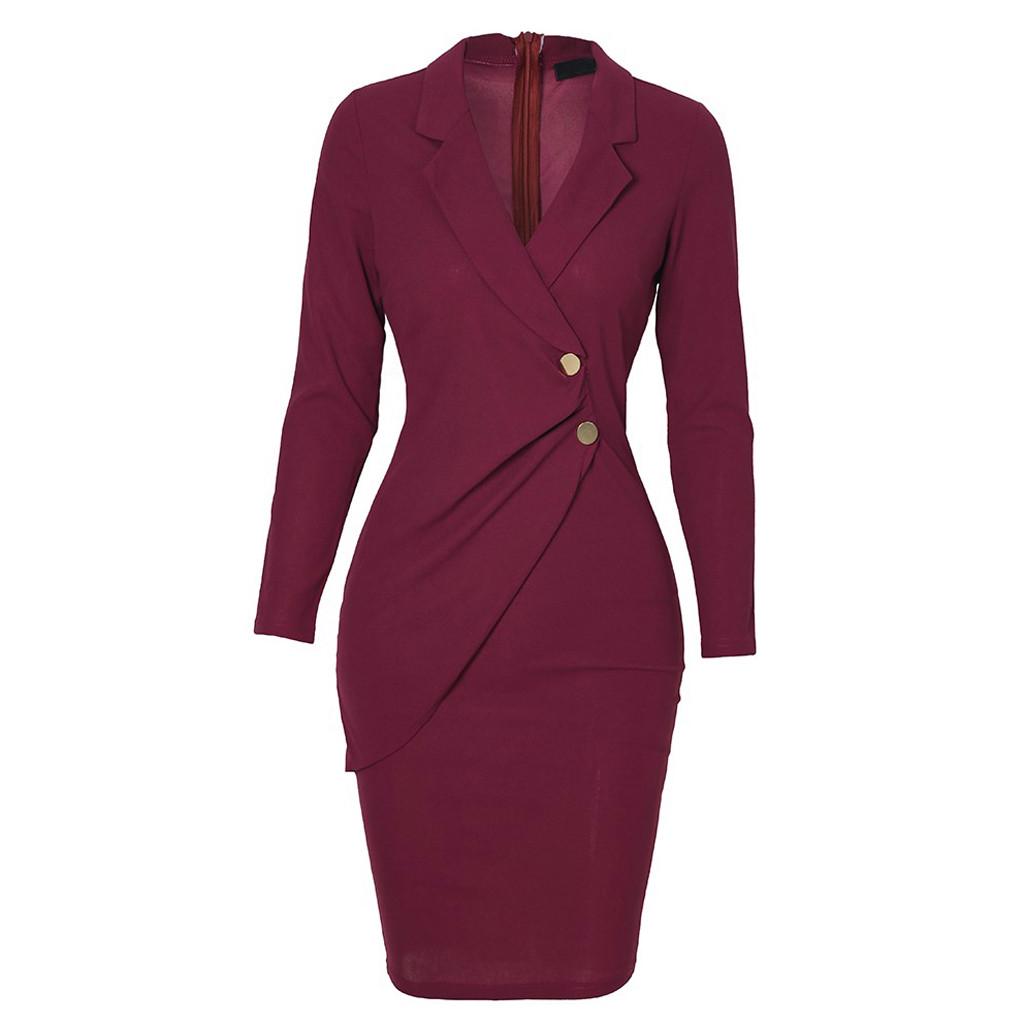 Women Solid Turn Down Neck Long Sleeve Casaul Work Formal Dress