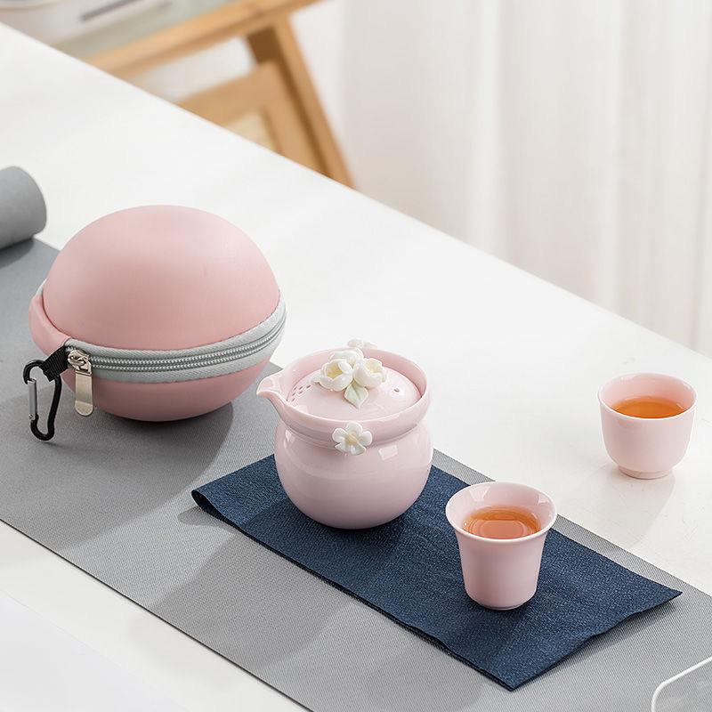 Pink Kneaded Flower Travelling Tea Set Outdoor Portable Bubble Tea with Storage Bag Kung Fu Tea Set Ladies Ceramic Snap Cups