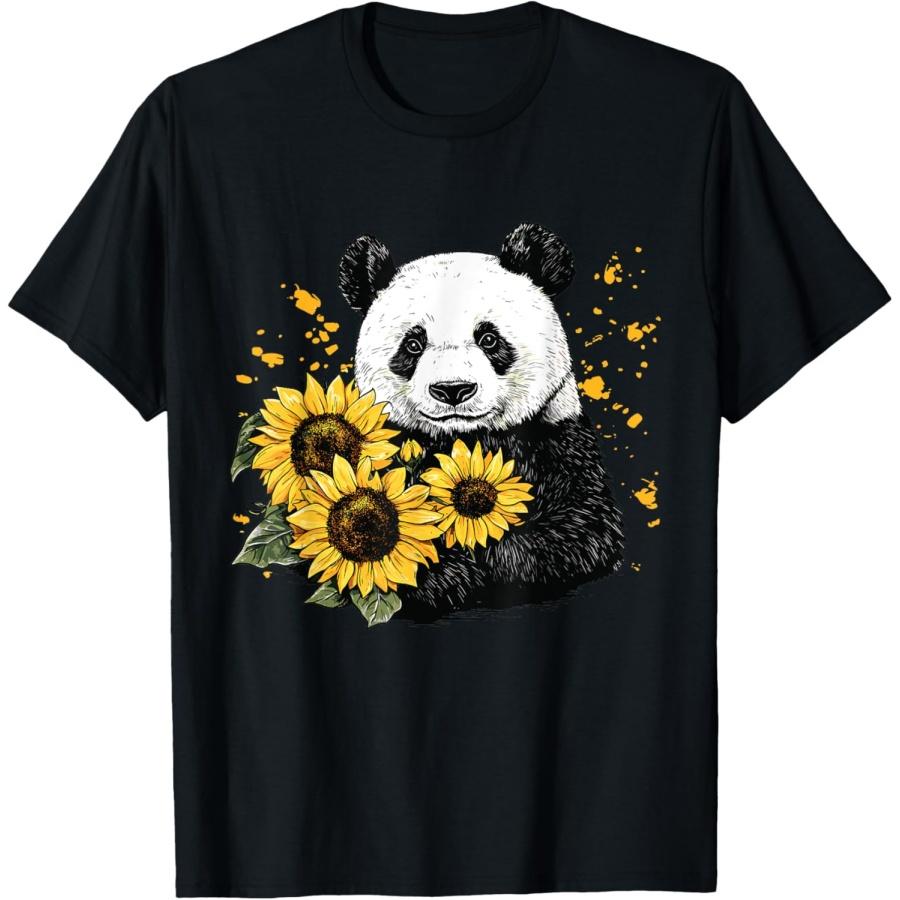 Медведь панда с подсолнухами, Футболка с медведем пандой XXXXXL чёрный