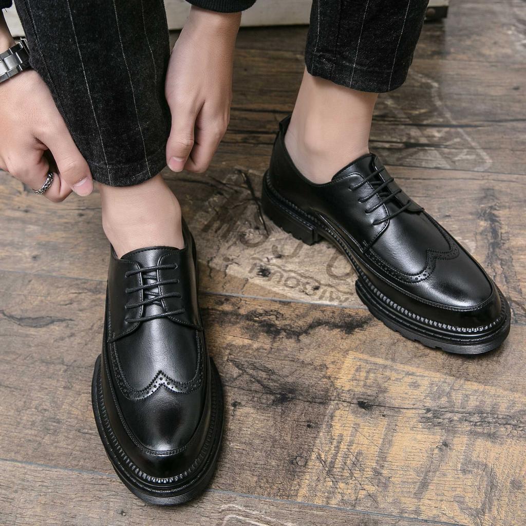 New Brock engraved casual leather shoes for men genuine leather business formal wear British thick-soled height-increasing style