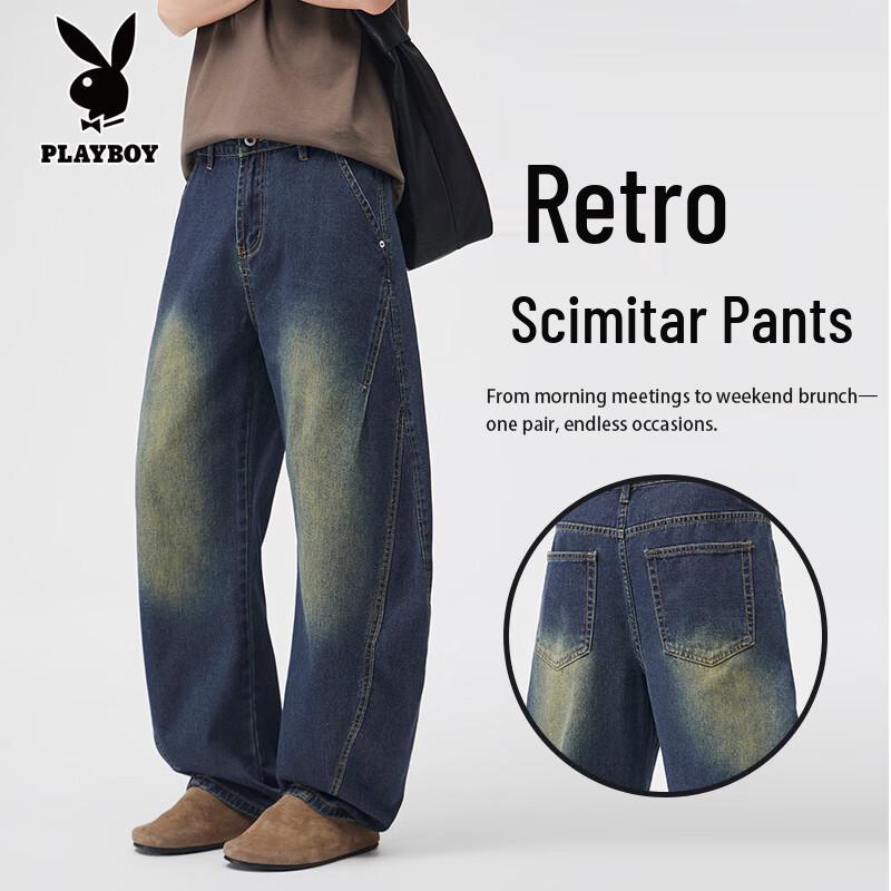 PLAYBOY Men s Loose Fit Retro Distressed Curved Leg Jeans 30