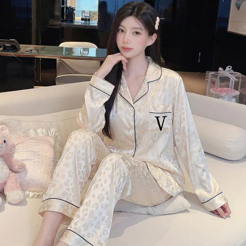 Milk Leopard Jacquard Ice Silk Thin Pajamas Women'S French Letter Jacquard Style Summer Long-Sleeved Loungewear Set