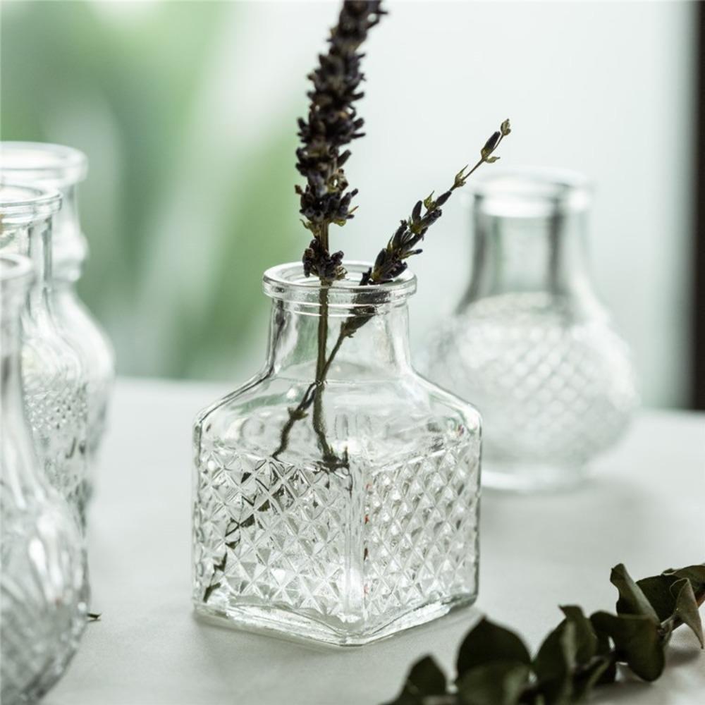 10PCS/SET Retro Relief Mini Glass Vase Crystal Clear Flower Vase Small Vase Set  Desktop Ornament