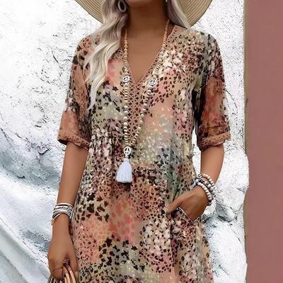 2025 European & American Fashion V-Neck Lace Print Short Sleeve Dress