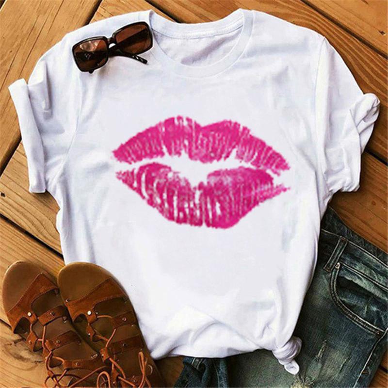 Korean Fashion Vintage Lip Graphic Women T-Shirt Goth 90S Summer Tees Loose White O-Neck Short Sleeve Y2K Tops Harajuku Blouses