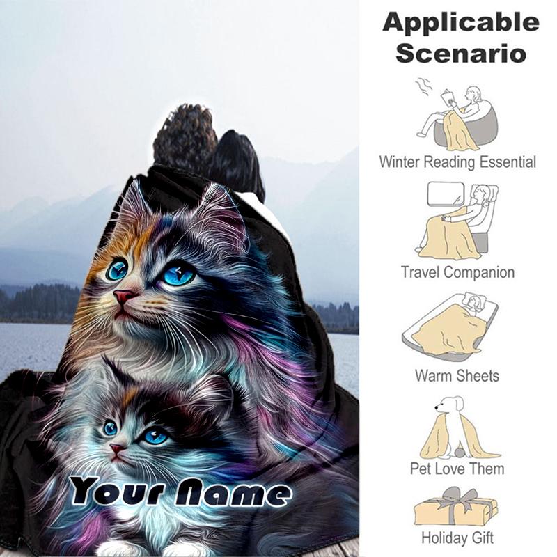 1PC Custom Name Colorful Kittens Friendship flannel blanket versatile,all-season throw suitable for the living room,bedroom,camping,travel,and gift
