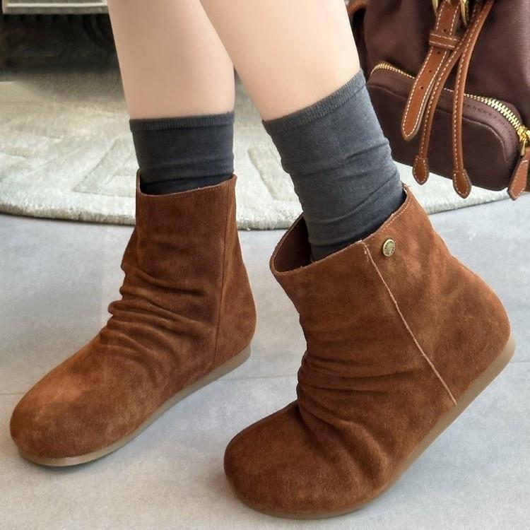 Cowhide Version~ Retro Style New Pleated Matte Leather Inner Height Increase Western Boots Women's Versatile Round Head Looks Thin