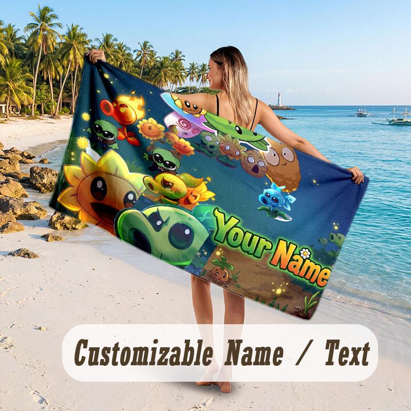 Personalized Beach Towel,Plants vs. Zombie Custom Printed Name Text, Super Absorbent Towel For Beach Vacation