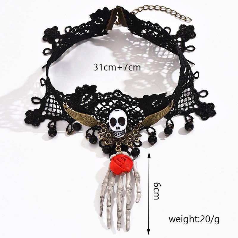 Gothic Black Beaded Flower Palm Sexy Lace Skeleton Choker Necklace Vintage Tassel Chain Women Steampunk Halloween Jewelry