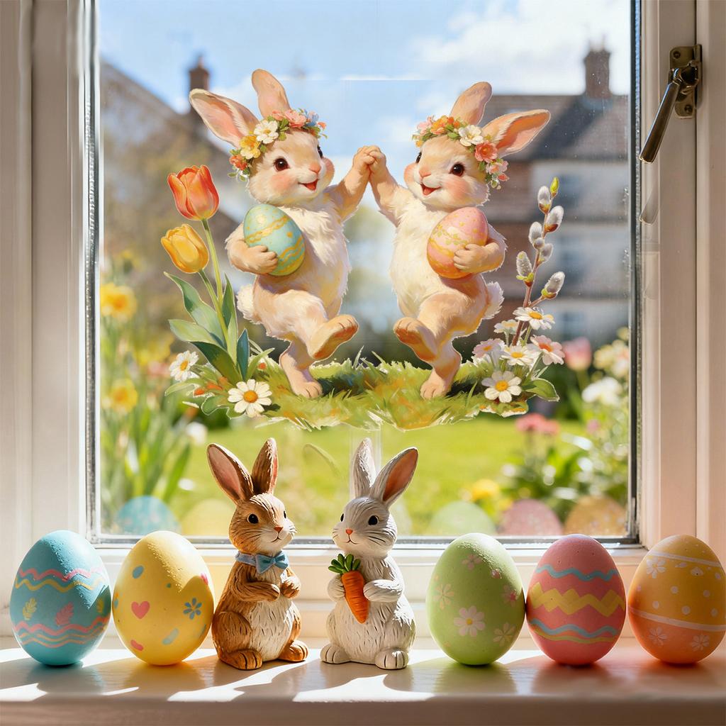 Easter Window Stickers, Creative Cute Floral Bunny Eggs Decor, Static Cling Glass Decals for Bedroom Living Room Holiday Decoration