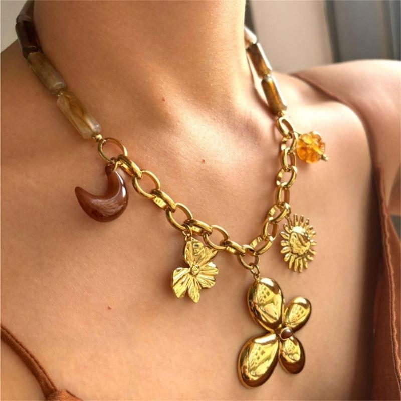 Fashionable Resin Beaded Necklace With Floral Sun Pendant Stainless Steel Neck Chain Retro Jewelry For Her